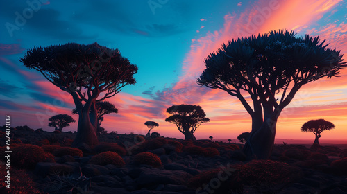 dragon trees at sunset with orange and blue sky 