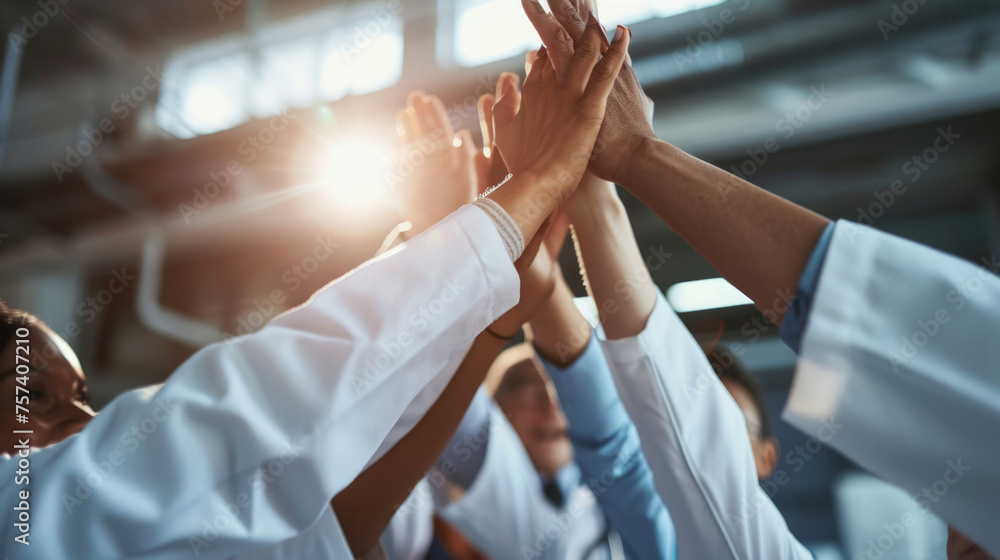 Group of medical professionals in scrubs and white coats, putting their hands together in a unified gesture Group of medical professionals in scrubs and white coats, putting their hands together in a unified gesture