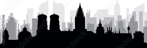 Black cityscape skyline panorama with gray misty city buildings background of MUNICH, GERMANY