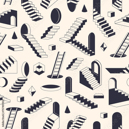 Geometric surreal ladders pattern. Abstract stairs modern stairs and geometric shapes flat vector seamless background illustration. Monochrome surreal ladders endless backdrop