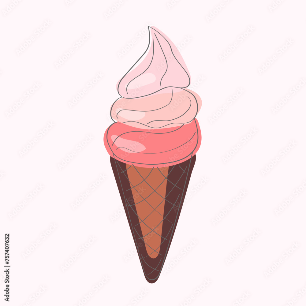 An ice cream cone topped with pink icing, creates a sweet and colorful treat. The cone is held upright, showcasing the creamy texture of the dessert An ice cream cone topped with pink icing, creates a sweet and colorful treat. The cone is held upright, showcasing the creamy texture of the dessert