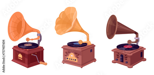 Retro nostalgic music devices. Gramophone player for listening music, antique music gramophones flat vector illustration set. Old school gramophones