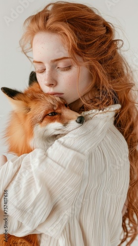 A soulful portrait of a young redhead woman and a fox sharing a tranquil moment, showcasing a natural harmony between human and wildlife. Model with red fox, delicate, pet, beauty