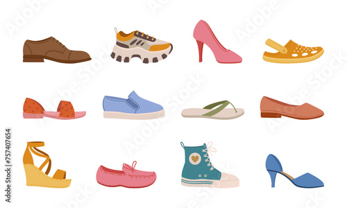 Spring summer footwear. Modern shoes, sneakers boots and sandals, male and female fashion shoes flat vector illustrations set. Casual seasonal footwear