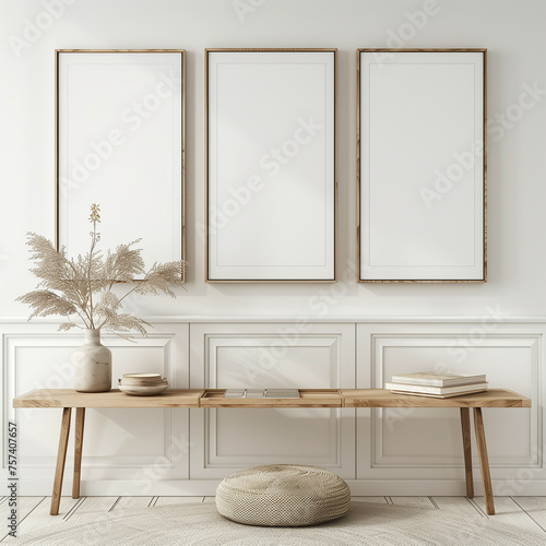 Three blank poster frames on the wall of a modern living room interior. A wooden console table with decor elements and accessories. Minimalist design.