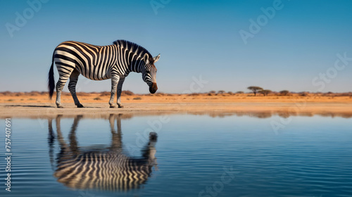 A zebra stands on the shore of a river  reflecting in the water. Generative AI