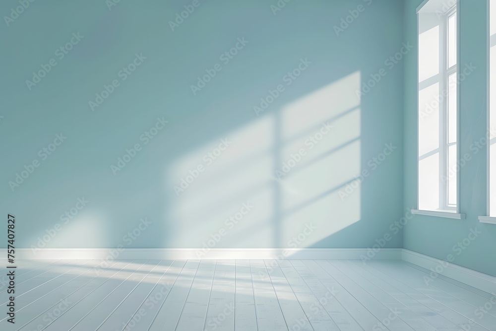 A spacious, empty room appears pristine and immaculate, with a pastel color palette. - obrazy, fototapety, plakaty 