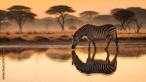 A zebra stands in water river  drinking at sunset  copy space. Generative AI