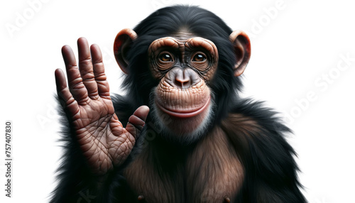 Monkey showing Salute Hand gesture. give me five. Chimpance hand in waving gesture, saying hello. Front view of the face and palm. Isolated. © angellodeco