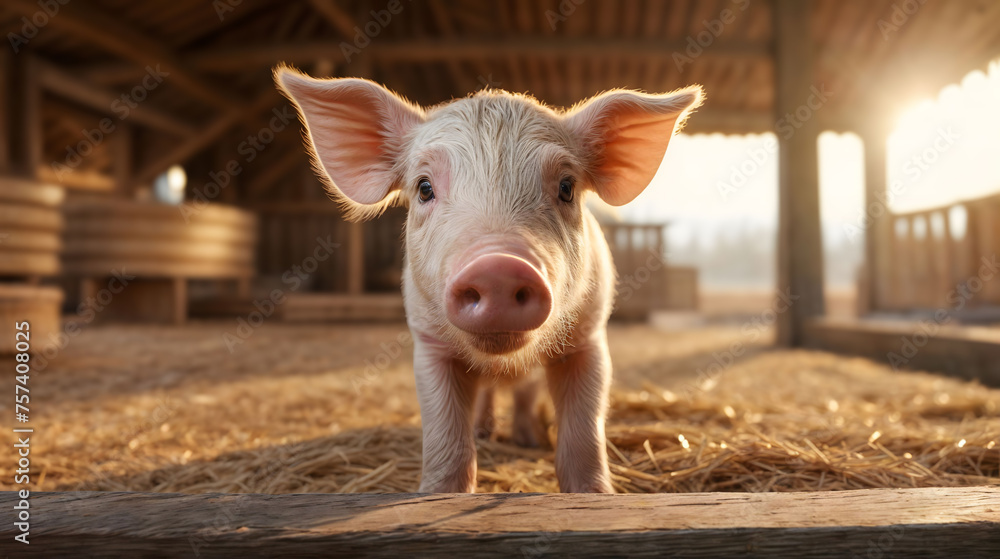 A farm pink piglet, testament to the bustling pig industry. Generative AI A farm pink piglet, testament to the bustling pig industry. Generative AI
