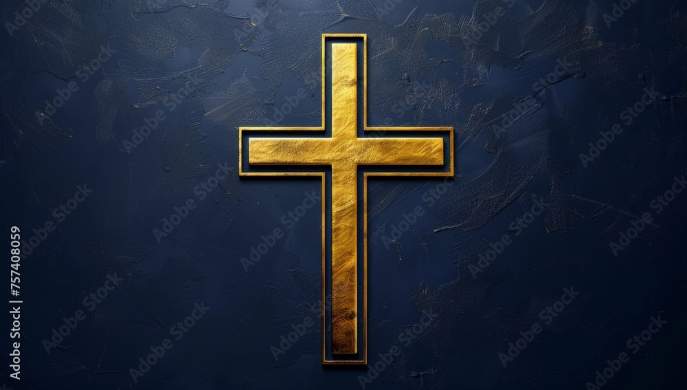abstract golden cross on navy blue background with copy space Generative AI