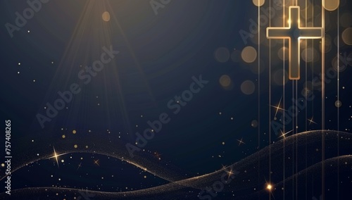 abstract background with golden cross on blue, golden lines and circles in the background Generative AI