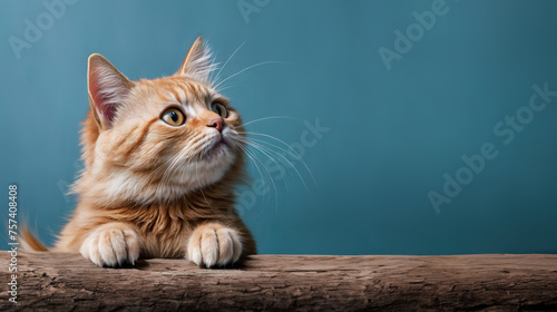 Orange tabby cat with striking looking upwards, empty copy space. Generative AI photo