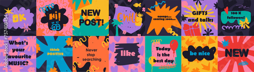 Colorful abstract backgrounds with retro shapes. Groovy design in trendy 90s cartoon style. Psychedelic, acid clors, design elements, stickers. Speech bubbles. Place for text, quote. photo