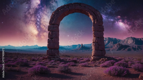 Otherworldly Landscape with Intriguing Arches, Space for Product Showcase, Celestial Sky. photo
