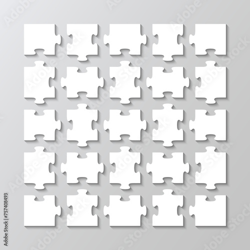 Puzzle grid with 25 separate details. Cutting template. Mosaic silhouette pieces grid. Scheme of jigsaw thinking game. Modern background with separate shapes. Simple frame tiles. Vector illustration