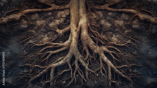 Detail to soil cross section with tree roots, nature concept
