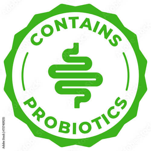 Contains probiotics microflora label vector icon illustration for product package. Prebiotics green logo, symbol, badge, tag, stamp, seal. Yogurt or dairy sticker, mark, tag or emblem isolated.