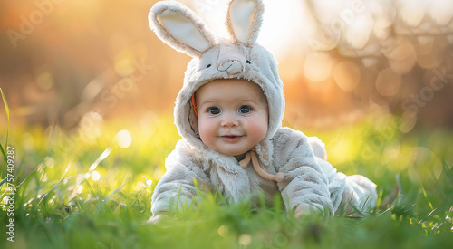 Bebê com fantasia de coelho de Páscoa em um jardim
   photo