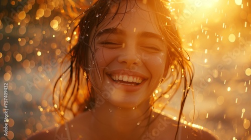 A joyful young woman smiles with wet hair bathed in a golden sunlight with sparkling droplets around her