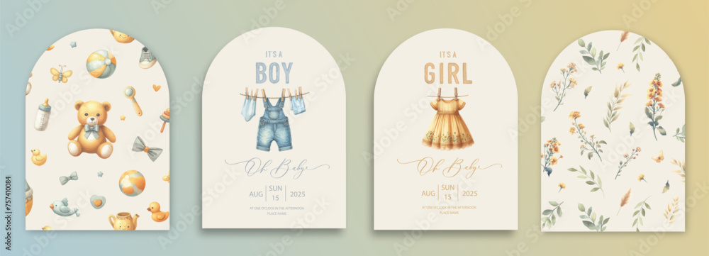 Cute baby shower watercolor arch invitation card with clothes for newborns drying on a rope. - obrazy, fototapety, plakaty 