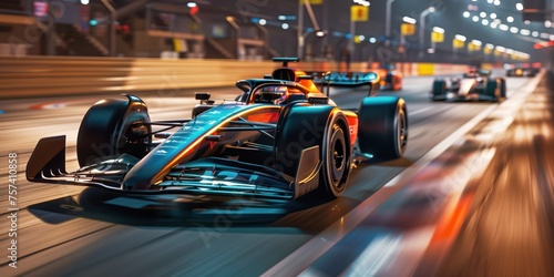 Formula One F1 Race Cars Racing at night