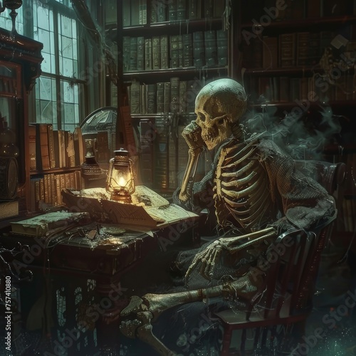 A macabre scene with a skeleton engrossed in reading amidst a dust-filled  book-laden vintage library