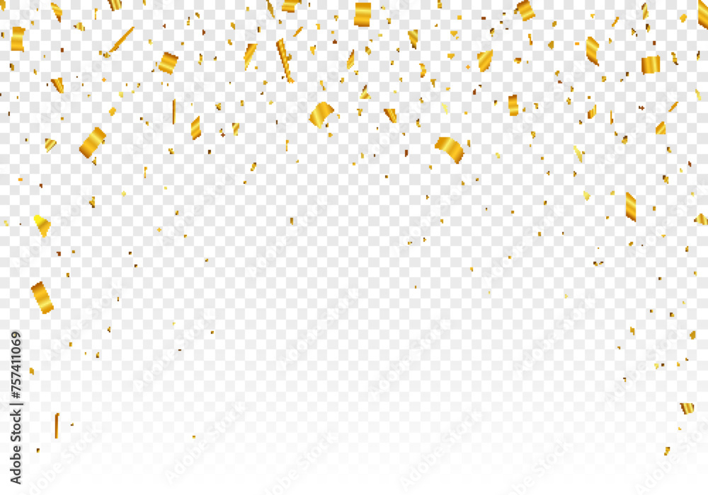 Golden tinsel, confetti fall from the sky on a transparent background. Shiny confetti illustration. Holiday, birthday.