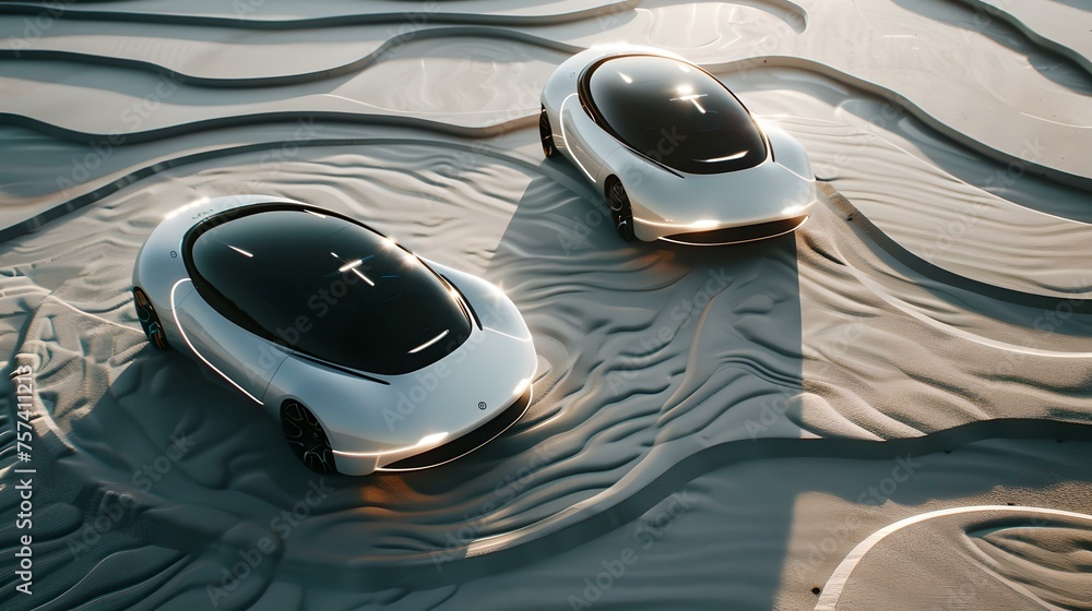 Futuristic autonomous cars concept floating on water. innovative and stylish, evoking future transportation technologies. AI - obrazy, fototapety, plakaty 