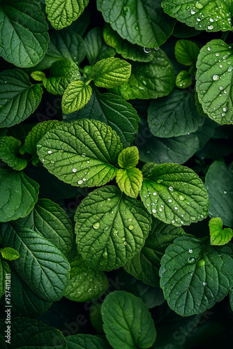 Close-up of high definition image of green leaves with water droplets for background and mobile wallpaper.