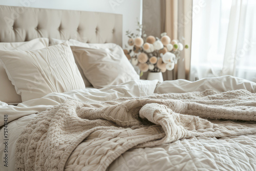 closeup of bed with beige pillows and blanket
