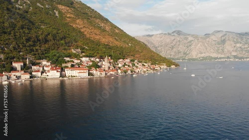 Old medieval enetian town Perast. Resort on Bay of Kotor in Montenegro. Aerial drone footage. photo