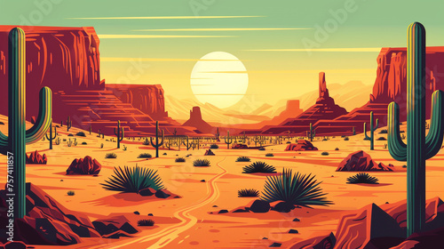 An illustration of a desert scene in America with a retro poster style.