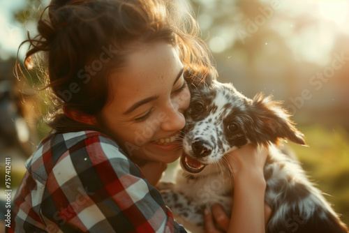 Joyful young woman lovingly embracing her spotted dog outdoors