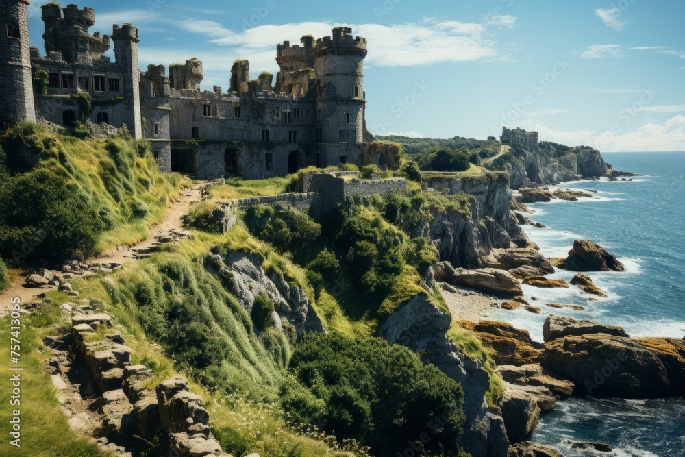 A fortress perched on a cliff with a stunning view of the ocean and sky
