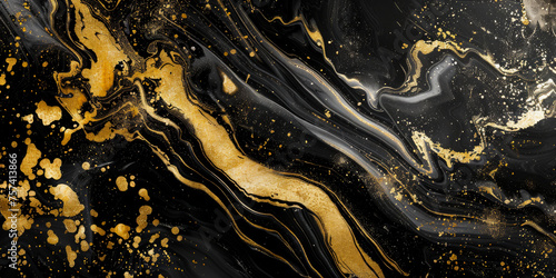 Gold abstract black marble background art paint pattern ink texture watercolor white fluid wall. Abstract liquid gold design luxury wallpaper nature black brush oil modern paper splash painting wate © Natawut