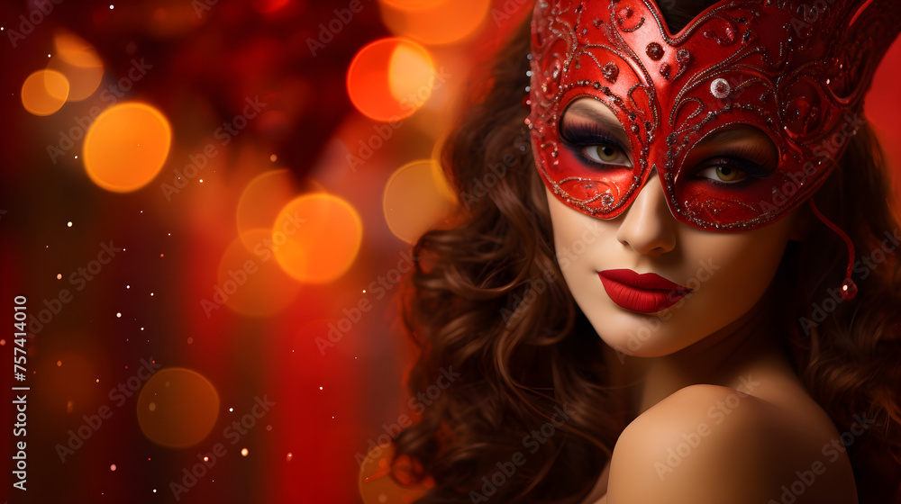 Portrait of sexy seductive woman with bright makeup and carnival red mask on red background with bokeh. Concept masquerade seductive female image. Venetian Carnival.