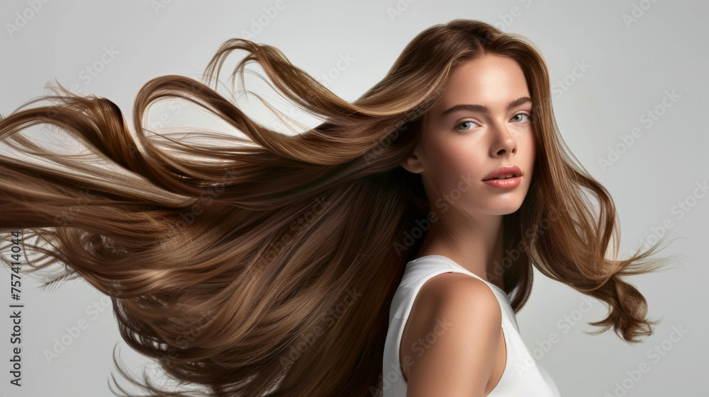 Windswept beauty, a woman with luxurious flowing hair against a grey backdrop. Windswept beauty, a woman with luxurious flowing hair against a grey backdrop.