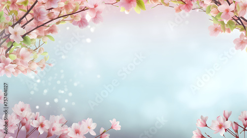 Macro Floral wallpaper for cards. Romantic soft gentle artistic image, free space for text. Floral frame on blue bokeh background with copy space