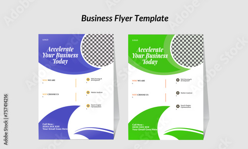 Blue and green color business flyer design for company , corporate , business , business farm as well as introduction way with geometric background .