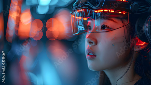 Portrait of asian woman wearing virtual reality glasses. Cyberpunk style. photo