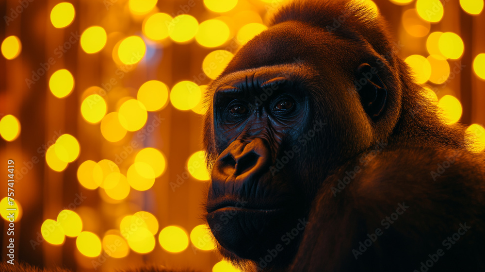 Gorila isolada e ao fundo luzes amarelas - Papel de parede