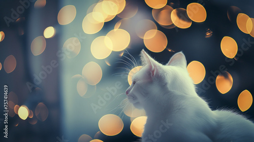 Gato branco isolado e ao fundo luzes amarelas - Papel de parede photo