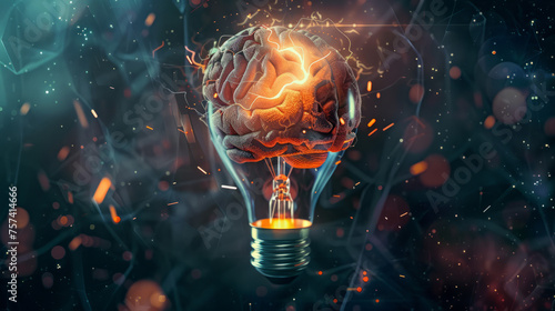 illustration featuring the human brain enclosed within a luminous light bulb, symbolizing the power of innovation and creativity.
