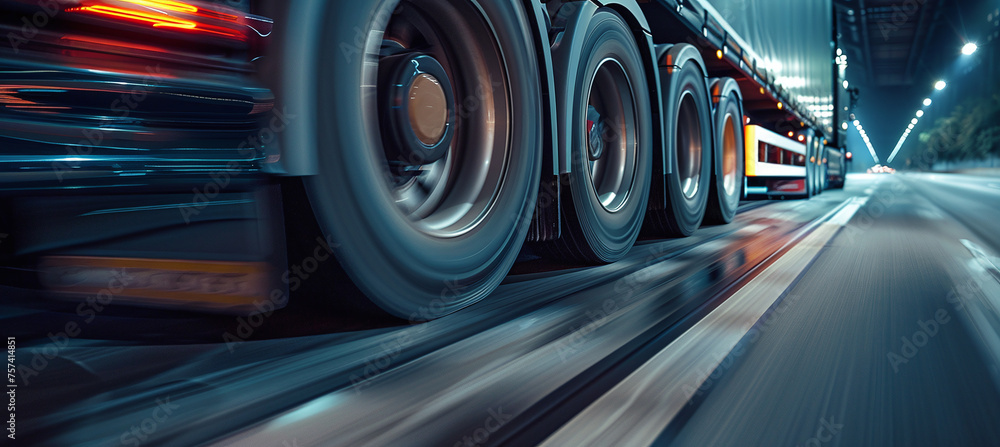Close-up of wheels in motion from an articulated truck driving on a highway Close-up of wheels in motion from an articulated truck driving on a highway