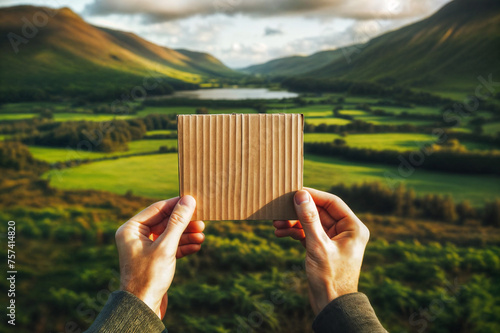  Hands holding a corrugated cardboard with lush green mountains and a serene lake in the background