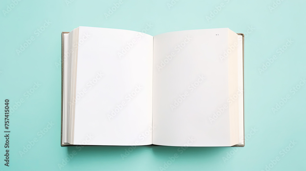 Open book, blank page, top down view on pastel background Open book, blank page, top down view on pastel background