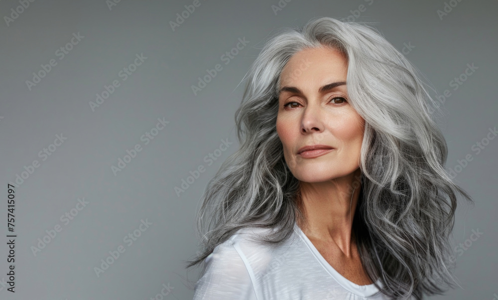 Portrait of a Middle-aged Woman with Long Gray Hair, Cosmetics Advertising Portrait of a Middle-aged Woman with Long Gray Hair, Cosmetics Advertising