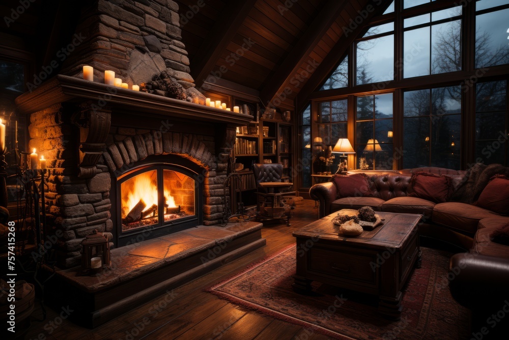 Building with hardwood floors, brick fireplace, and cozy couch - obrazy, fototapety, plakaty 