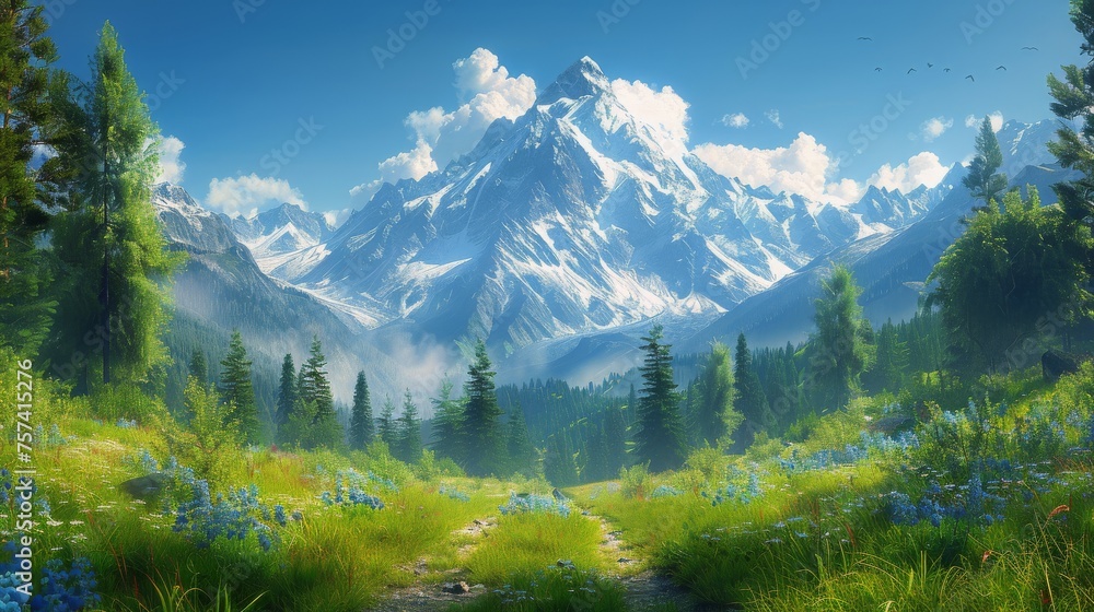Mountain Scene With Blue Flowers